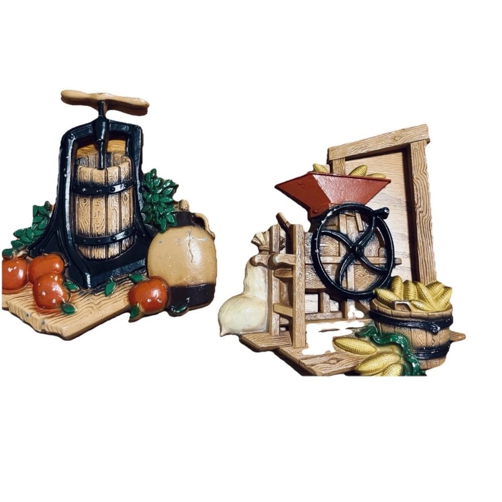 Set Of Two Vintage 1978 HOMCO Cider Press & Corn Shelter Wall Plaques